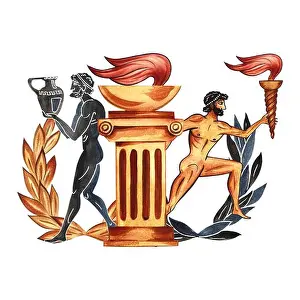 Flaming Prints: Composition with Ancient Greek Olympic elements and athletes