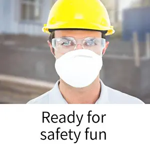 Digitally Prints: Composition of health and safety text over caucasian man in face mask and safety helmet