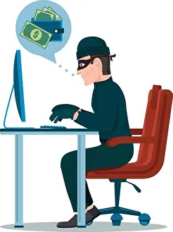 Hacker Prints: Computer hacker man trying hack the system and steal the money