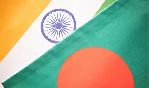 Cricket Prints: Concept of Bilateral relationship between two countries showing with two flags: India and Bangladesh
