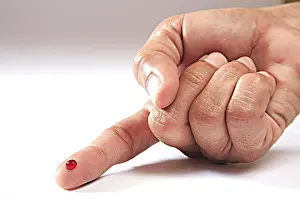 Injured Prints: Concept, finger showing khoon ki boond blood drop on white background