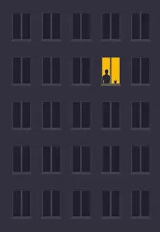 Insomnia Prints: concept of loneliness, in the form of a silhouette of a man in the city night window
