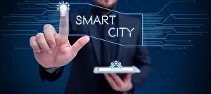 Mobile Network Prints: Conceptual display Smart City, Conceptual photo urban area that uses different electronic Internet of things