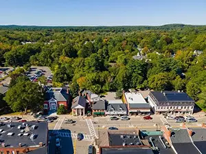Art Building Prints: Concord historic town center aerial view in summer on Main Street in town of Concord