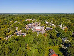 Art Building Prints: Concord historic town center aerial view in summer on Main Street in town of Concord