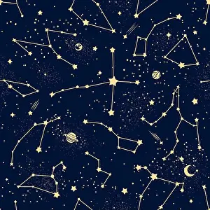 Infinity Prints: Constellation pattern. Vector celestial seamless background dark sky with golden stars