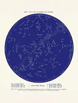 Milky Way Prints: Constellations and Stars. Night Sky Map: December and January