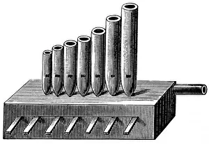 Construct Prints: Construction of an early oegan with seven pipes and levers to define the iflow of air