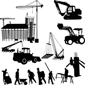 Claw Prints: construction objects vector (crane - worker - building - skimmer)