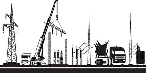 Substation Prints: Construction of power grid substation – vector illustration