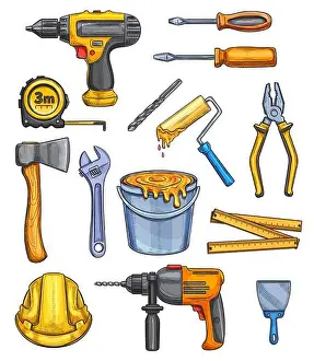 Screwdriver Prints: Construction work tools color sketch icons
