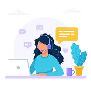Woman Work Prints: Contact us. Woman with headphones and microphone with computer