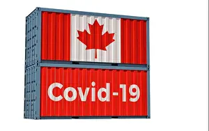 Virology Prints: Container with Coronavirus Covid-19 text on the side and container with Canada Flag