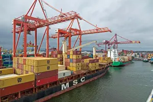 Barge Prints: Container ships, container bridge, harbour, Dublin, Republic of Ireland