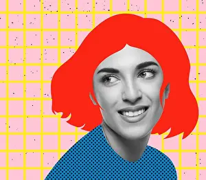 Vibrant Color Prints: Contemporary art collage. Portrait of young woman with red drawn hair tendely smiling isolated over pink background