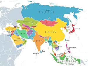 Eurasia Prints: Continent Asia, political map with colored single states and countries