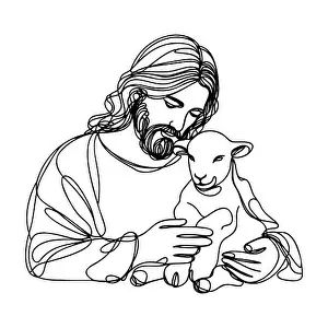Evangelical Prints: continuous drawing of Jesus Christ holding a lamb in his arms