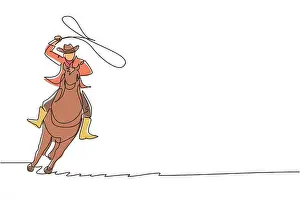 Throw Prints: Continuous one line drawing cowboy with rope lasso on horse