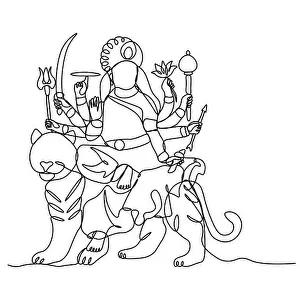 Meditating Prints: continuous line drawing. Durga Silhouette God