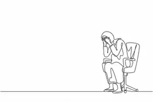Suffer Prints: Continuous one line drawing frustrated Arabian businesswoman holding her head sitting alone on chair