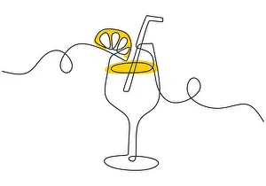 Single Line Prints: One continuous line drawing a glass of fresh delicious lemonade ice with sliced lemon for restaurant menu