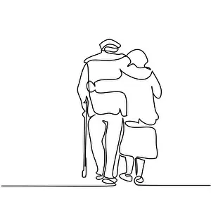 Senior Prints: Continuous line drawing. Happy elderly couple hugging and walking. Vector illustration