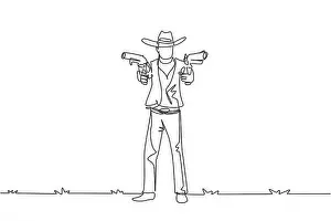 Bandit Prints: Continuous one line drawing wild west gunslinger holding two guns