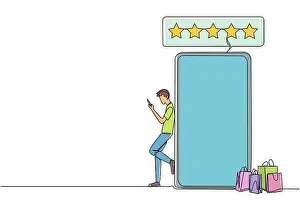 Lean Prints: Continuous one line drawing young happy smiling man leaning on giant smartphone while typing on smartphone