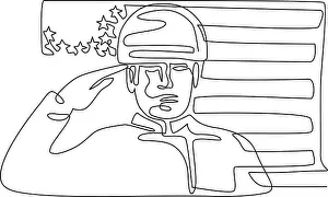 Line Drawing Prints: Continuous line illustration of an American soldier or military personnel saluting USA stars