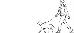 Editable Stroke Prints: continuous single line drawing of woman walking a dog, line art vector illustration