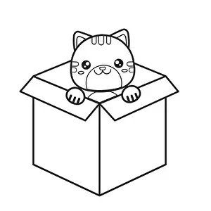 Christmas Gift Prints: Contour illustration of a cute cat sitting in a box. Vector coloring book