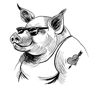 Swine Prints: Cool pig in sunglasses and tattoo. Ink black and white illustration