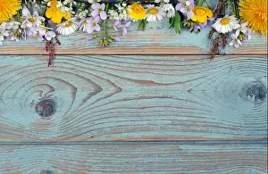 Laying Prints: Empty copy space wooden background with field flowers