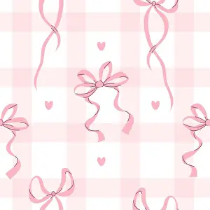 White Vector Vectors Prints: Coquette aesthetic seamless pattern pink ribbon bow on checkered background