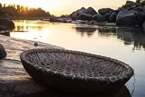 Aerial Shot Prints: Coracle, Tungabhadra river, Hampi, Karnataka, India