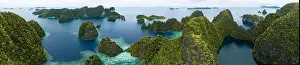 Coral reefs surround the rugged limestone islands that rise from Raja Ampat's seascape. This remote part of Indonesia has high marine biodiversity