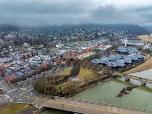 Expressway Prints: Corning, NY, USA - 03-02-2024 - Cloudy winter aerial image of the downtown area in the City of Corning