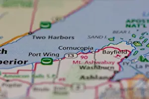 Cornucopia Wisconsin USA shown on a road map or Geography map