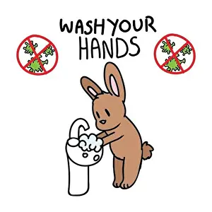 Viral Prints: Corona virus covid 19 wash your hands cute rabbit washing hands in sink vector