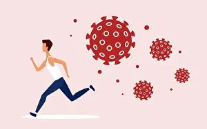 Panic Prints: Coronavirus covid19 cells chasing man concept vector illustration