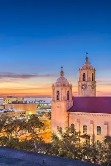 Clock Prints: Corpus Christi, Texas, USA at Corpus Christi Cathedral in the early morning