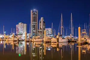 Corpus Christi, Texas, USA downtown skyline on the water at twilight with boats