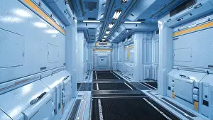 Punk Prints: Corridor inside a futuristic science fiction industrial building with light blue metallic walls