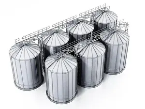 Barley Prints: Corrugated steel grain silos isolated on white background. 3D illustration