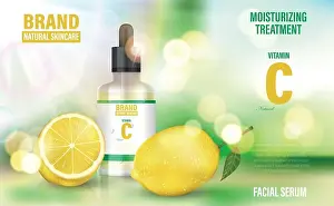 Collagen Prints: Cosmetic poster ad. Realistic glass jar serum on bokeh background with vitamin C and lemon