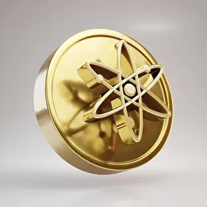Cryptocurrency Prints: Cosmos cryptocurrency coin. Gold 3d rendered coin isolated on white background