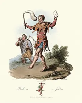 Illustration And Painting Prints: Costume of a medieval jester and fool, 13th Century. Ancient costumes of England, 1813