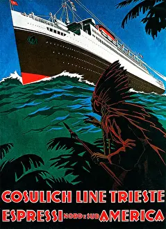 Liner Prints: Cosulich Line Trieste, 1932 poster for the Atlantic service to America by the company later part of the Italian Line
