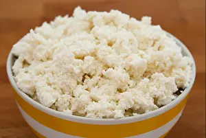 Calcium Prints: Cottage cheese (curd cheese, quark, anari) in a bowl with a wood background closeup
