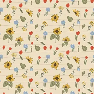 Cottagecore print wallpaper with Delicate Chintz Romantic Meadow Wildflowers and garden flowers on vintage beige old paper sheet. Traditional Retro